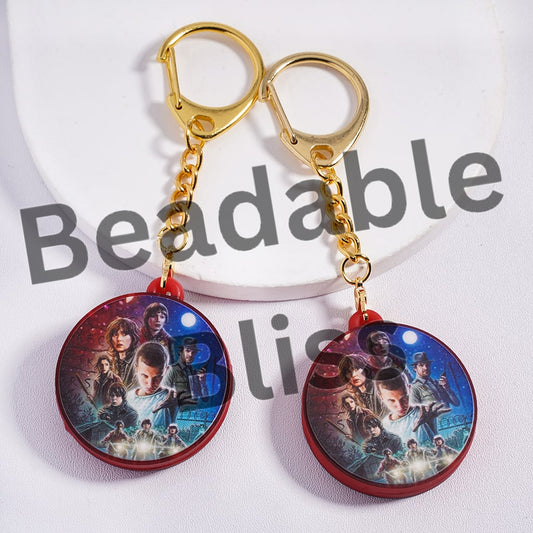 Metal Keychain with Lobster Clasp with Charm Pendant Classic Horror Style, Flat Round Shape