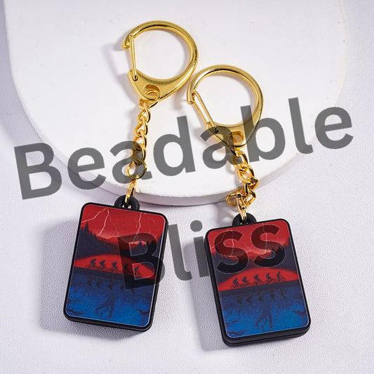 Metal Keychain with Lobster Clasp with Charm Pendant Classic Horror Series, Flat Rectangle Shape