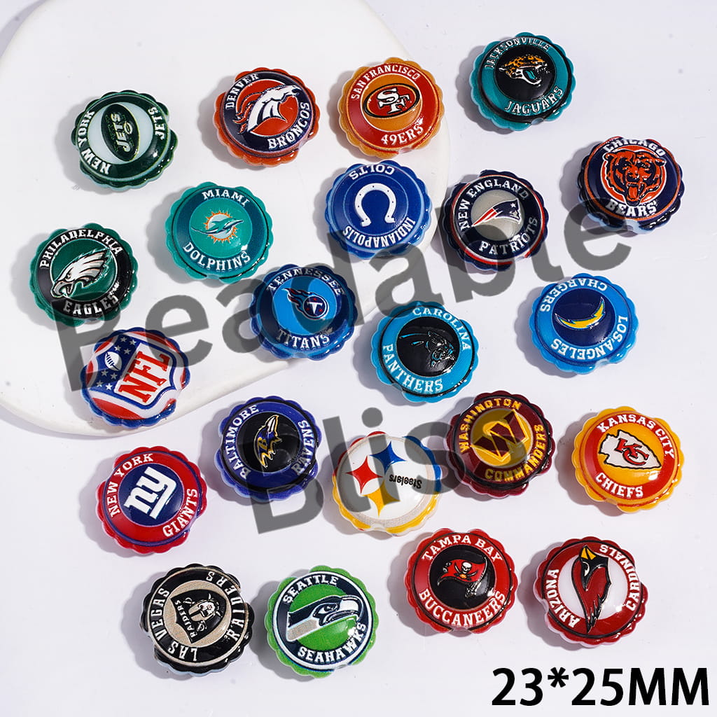 American Football Team Series Acrylic Beads, Round Shaped with Wavy Border, 23*25MM (Update Other Styles Later)