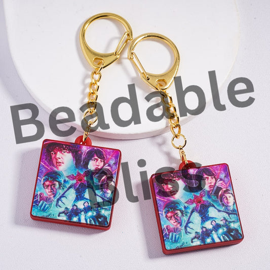 Metal Keychain with Lobster Clasp with Charm Pendant Classic Horror Style, Flat Square Shape