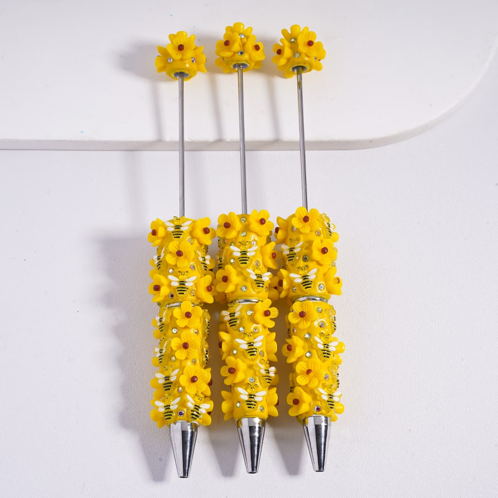 Beadable Clay Pens with Honey Bee and Yellow Flowers, with AB Rhinestone