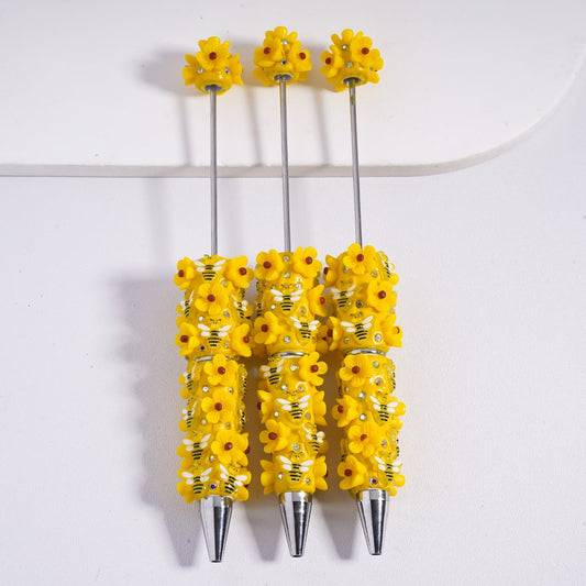 Beadable Clay Pens with Honey Bee and Yellow Flowers, with AB Rhinestone