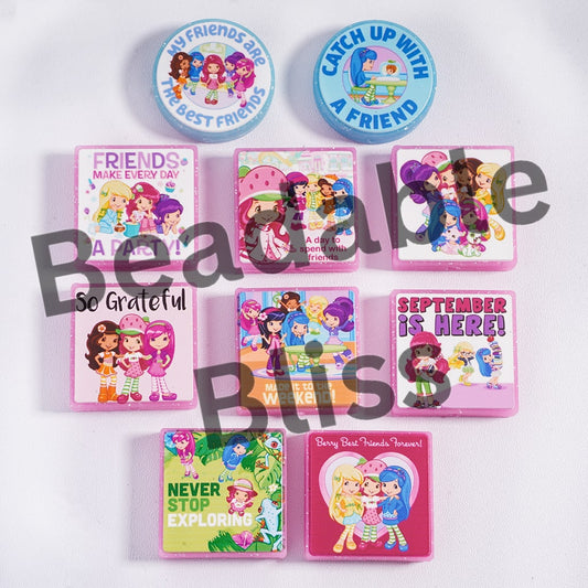 Silicone Focal Beads Berry Girl Series in Various Designs, with Silver Glitter, Flat Round and Square Shapes, Random Mix