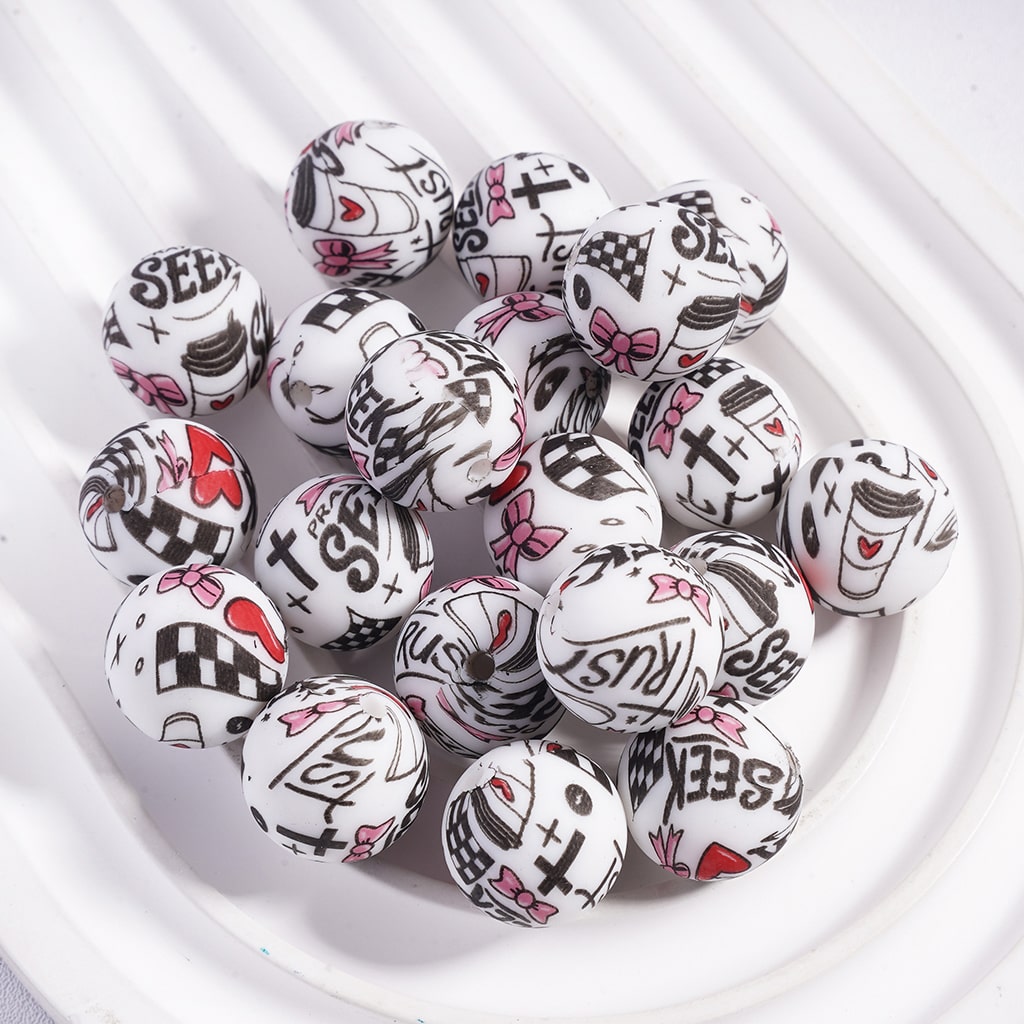 Printed Silicone Beads Soft Round with Text "PRAY & FAITH & SEEK", Bowtie Cross Coffee Heart Prints, 15MM