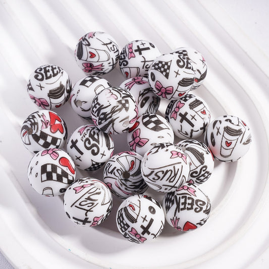 Printed Silicone Beads Soft Round with Text "PRAY & FAITH & SEEK", Bowtie Cross Coffee Heart Prints, 15MM