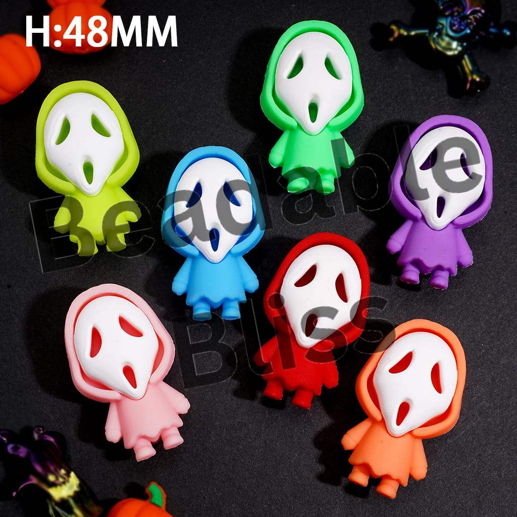 Halloween Horror Mask Character Silicone Focal Figurine, Height 48MM, Multi-Color, Random Mix (NO Hole)