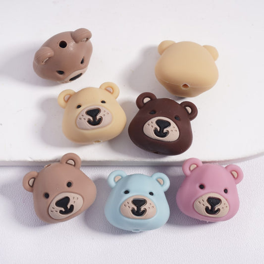 Silicone Focal Beads 3D Smiling Bear Face Head in Various Colors