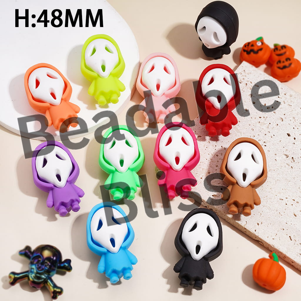 Halloween Horror Mask Character Silicone Focal Figurine, Height 48MM, Multi-Color, Random Mix (NO Hole)