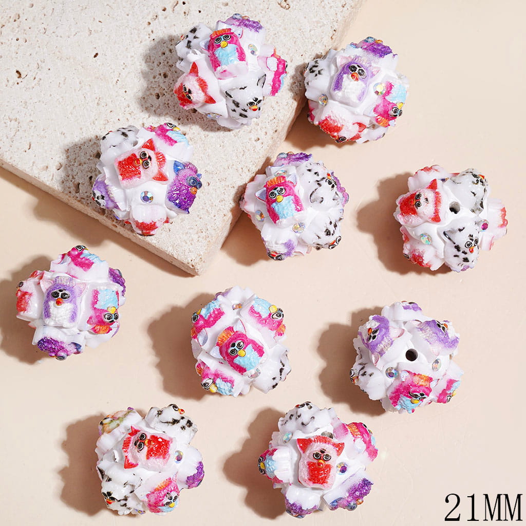 Clay Beads with Big-Eared Owl and AB Rhinestones, 21MM Multi-Color