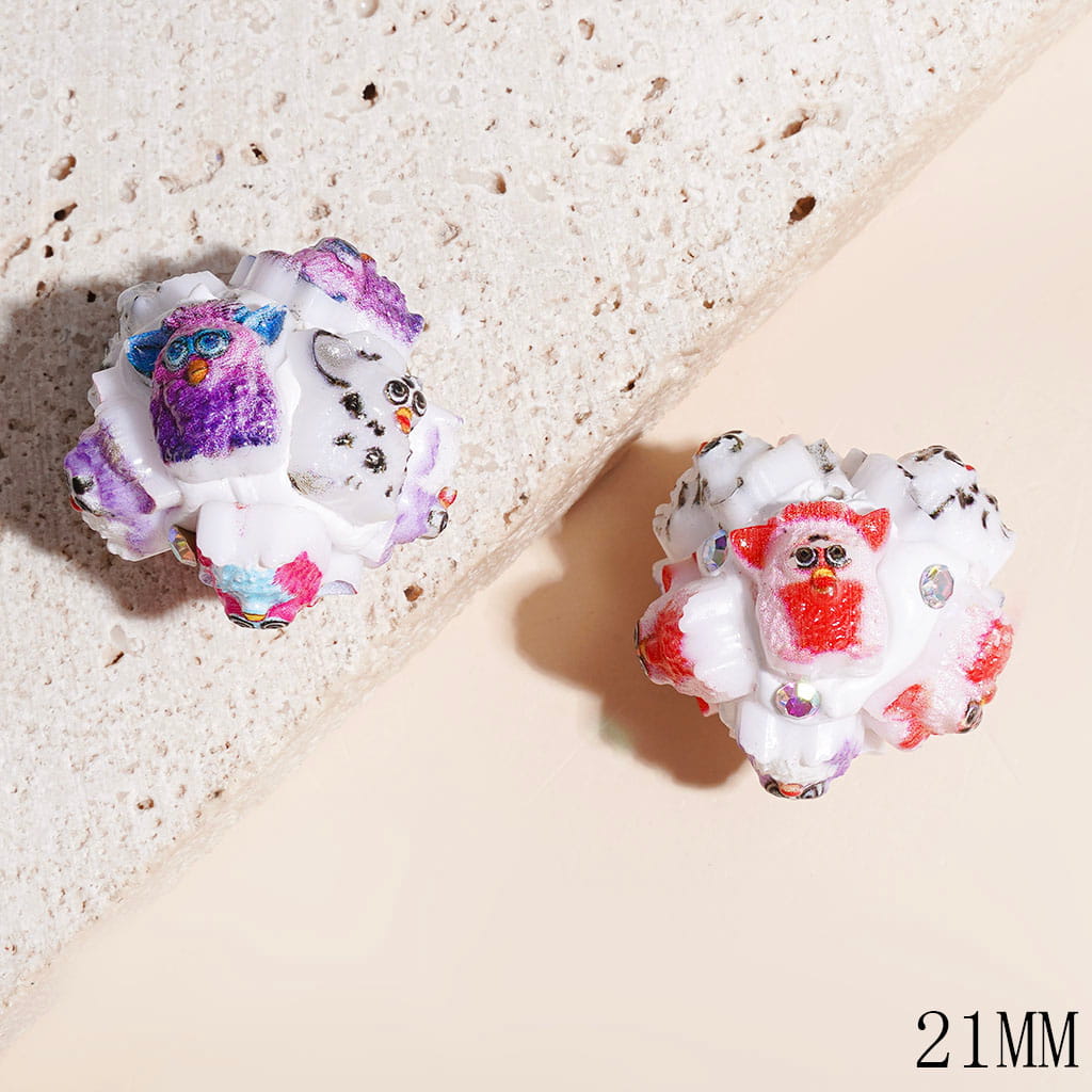 Clay Beads with Big-Eared Owl and AB Rhinestones, 21MM Multi-Color