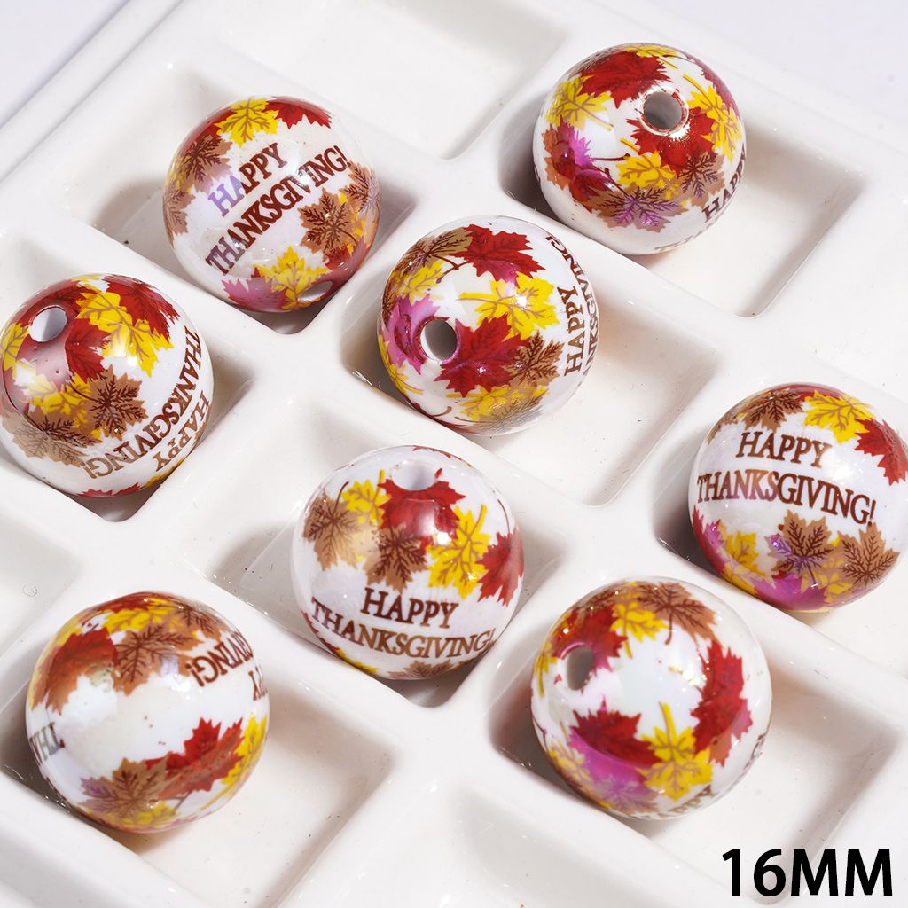 UV Finish Glossy Happy Thanksgiving Maple Leaf Round Acrylic Beads, 16MM