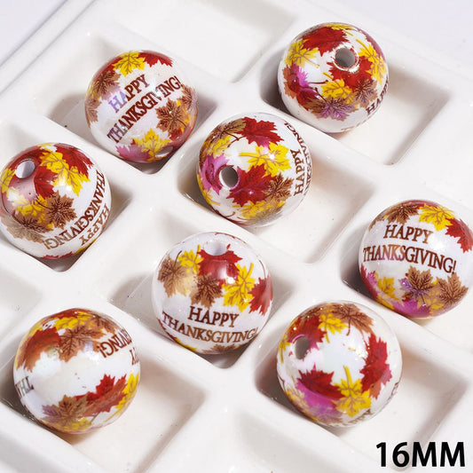 UV Finish Glossy Happy Thanksgiving Maple Leaf Round Acrylic Beads, 16MM