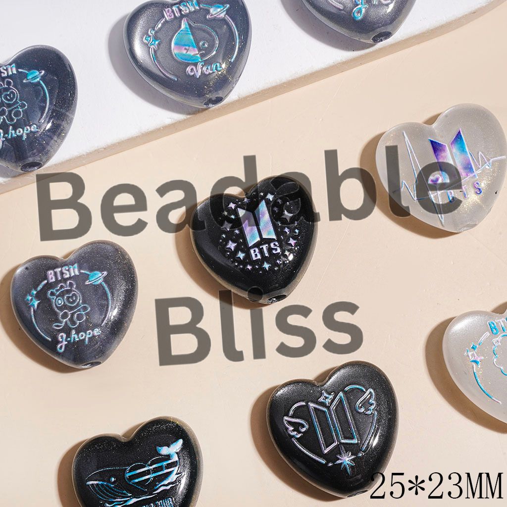 Acrylic Beads Heart with Korea Boy Group Image Character Planet Series and Glitter, 25*23MM Random Mix