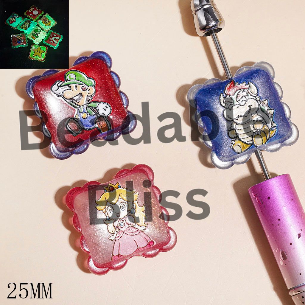 Luminous Acrylic Beads Game Theme Plumber Character Print, Wavy Edged Flat Square Shape, 25MM, Multi-Color Random Mix