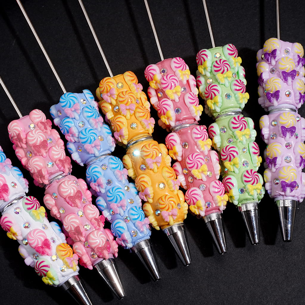 Clay Beadable Pens with Spiral Lollipop Candy, Bow & AB Rhinestones, Multi-Color