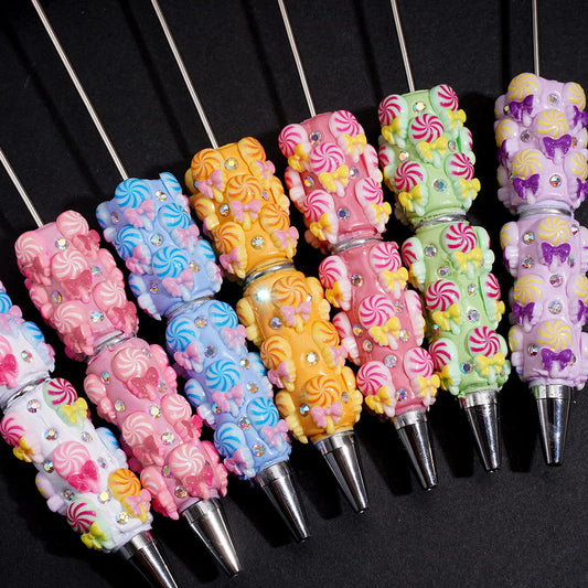 Clay Beadable Pens with Spiral Lollipop Candy, Bow & AB Rhinestones, Multi-Color