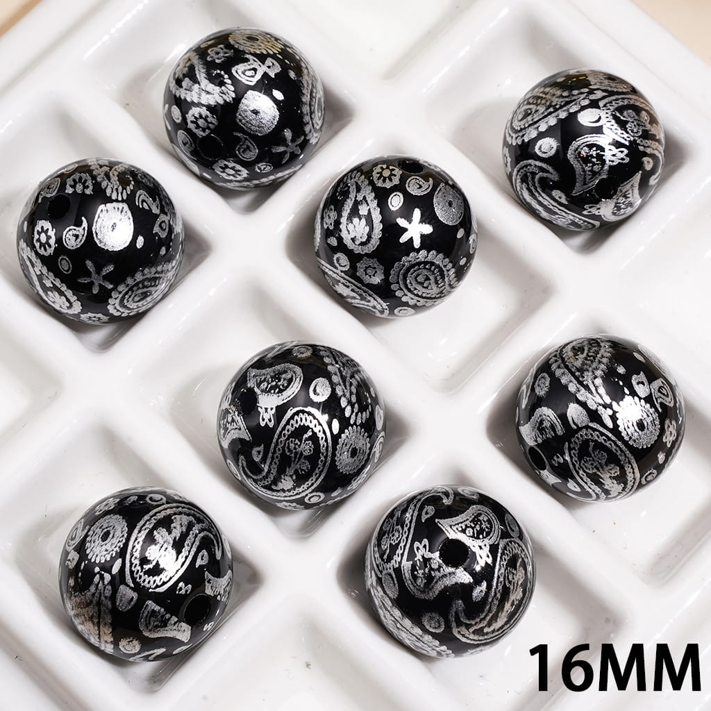 Acrylic Beads for Bracelets with Black Background and Paisley Pattern, 16MM, Silver and Gold