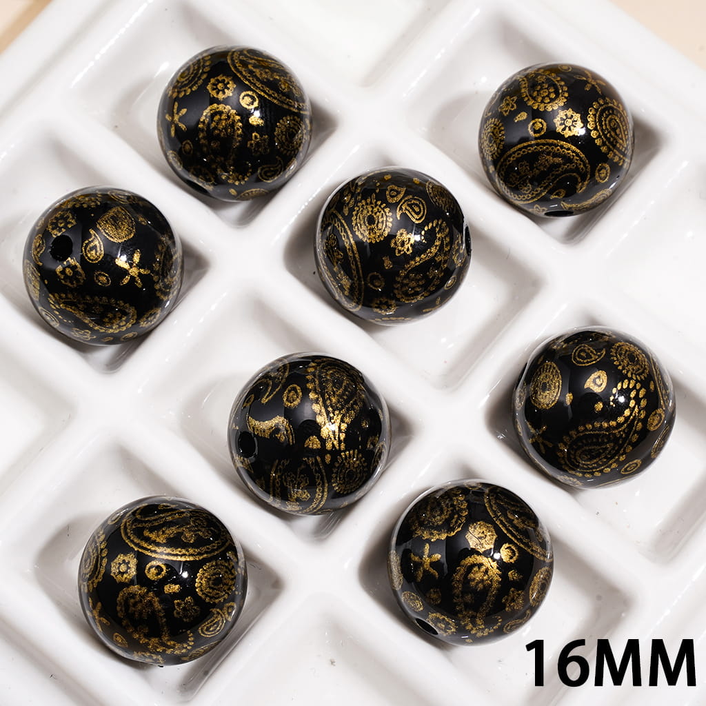 Acrylic Beads for Bracelets with Black Background and Paisley Pattern, 16MM, Silver and Gold