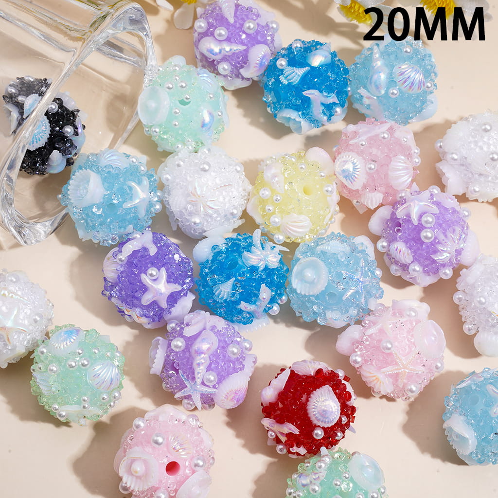 Sugar Acrylic Beads w UV Coated Seashell and Starfish in Ocean Theme, White Pearls, Multi-Color, Random Mix
