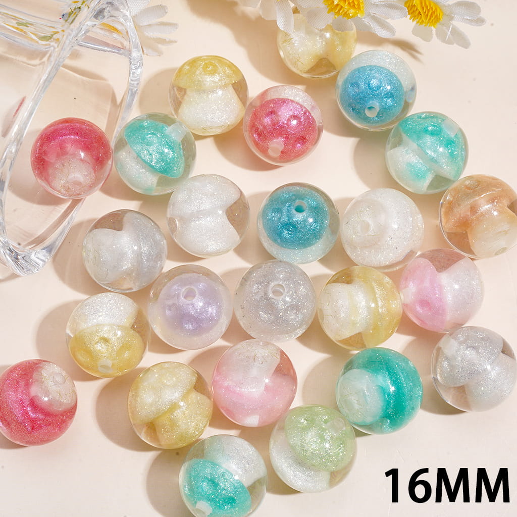 Luminous Acrylic Beads for Bracelets Mushroom Design, 16MM, Translucent, Multi-Color Random Mix