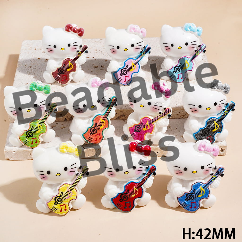 Cute Cat Character Holding Guitar Acrylic Figurine for Beads or Pen Topper, Height 42MM, Multi-Color