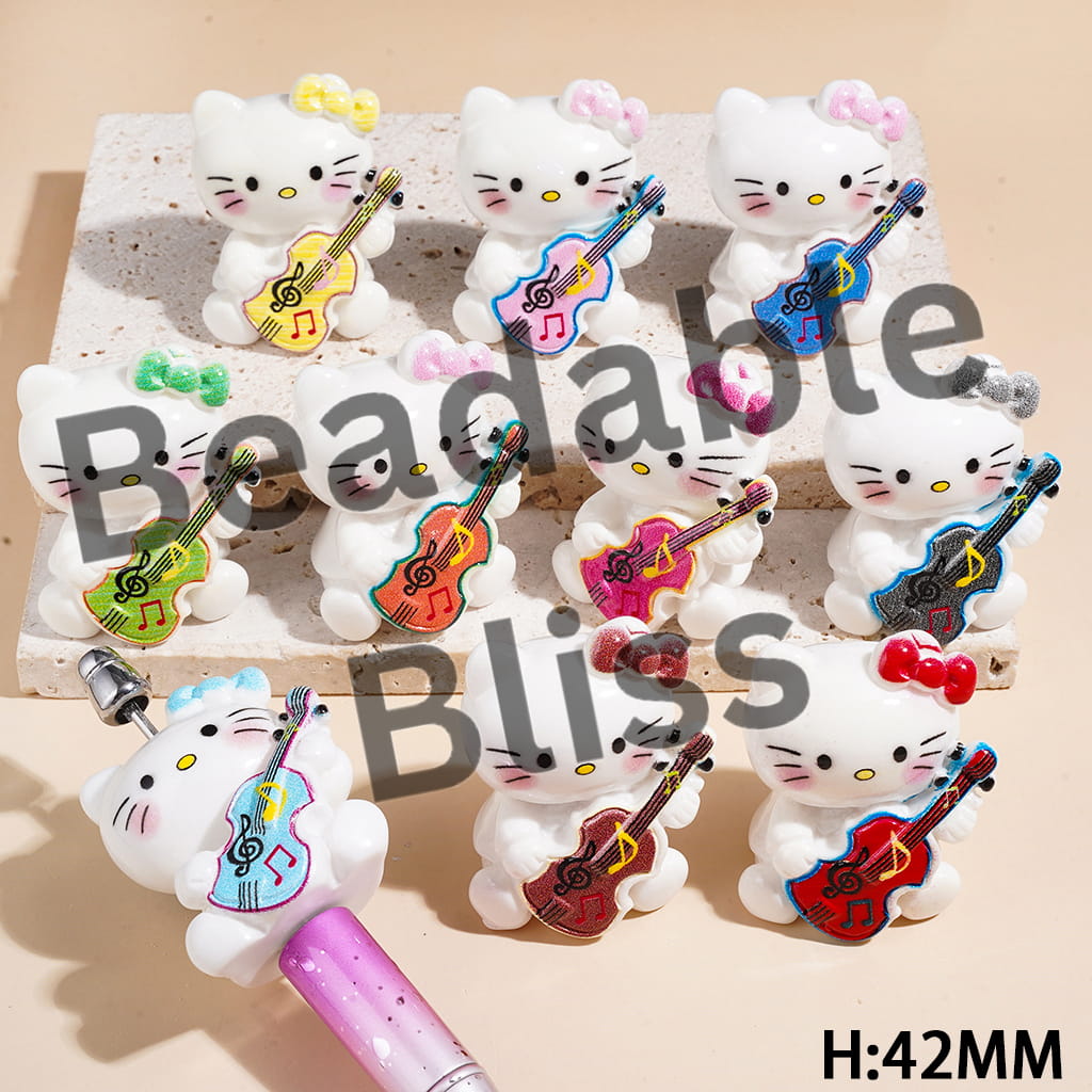 Cute Cat Character Holding Guitar Acrylic Figurine for Beads or Pen Topper, Height 42MM, Multi-Color