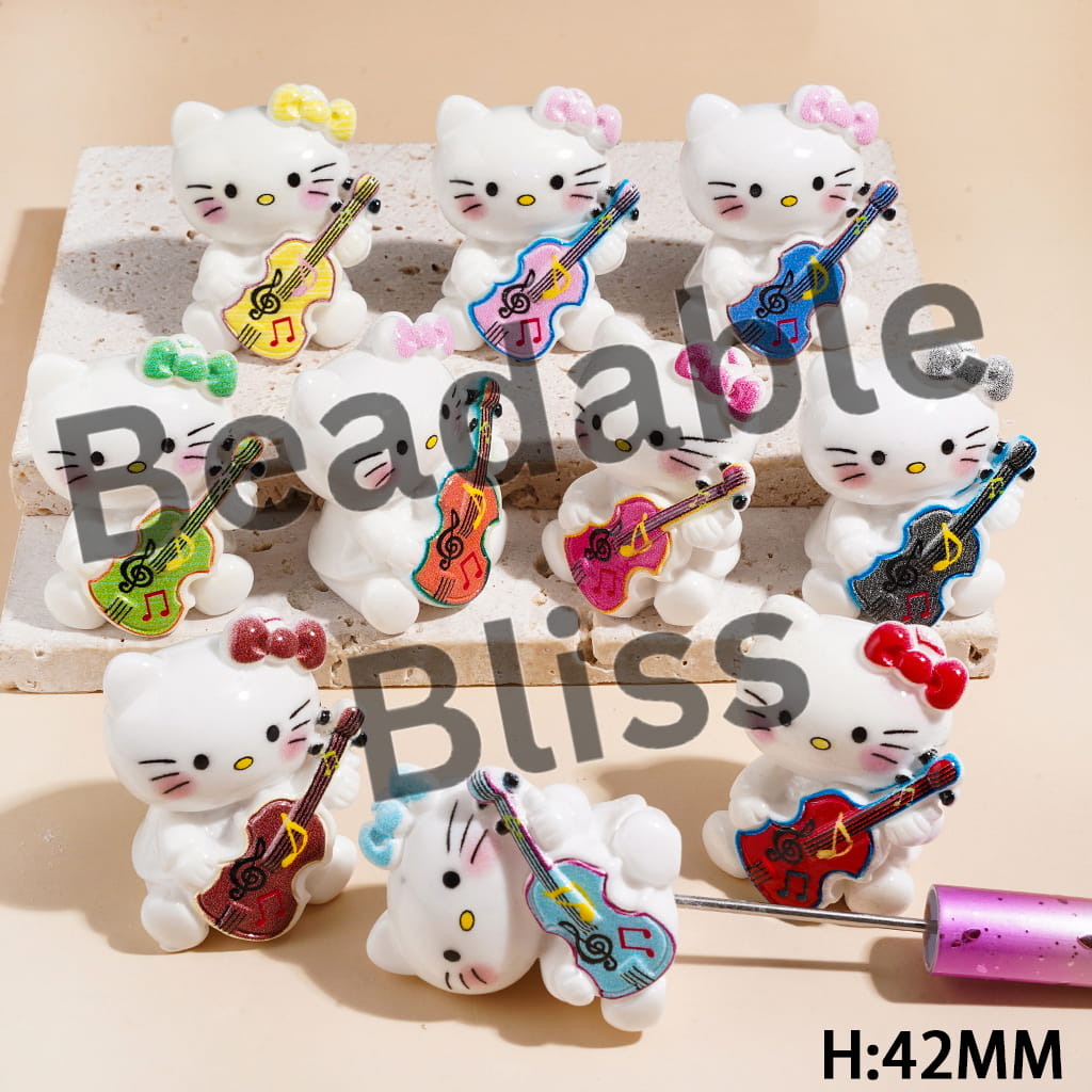 Cute Cat Character Holding Guitar Acrylic Figurine for Beads or Pen Topper, Height 42MM, Multi-Color