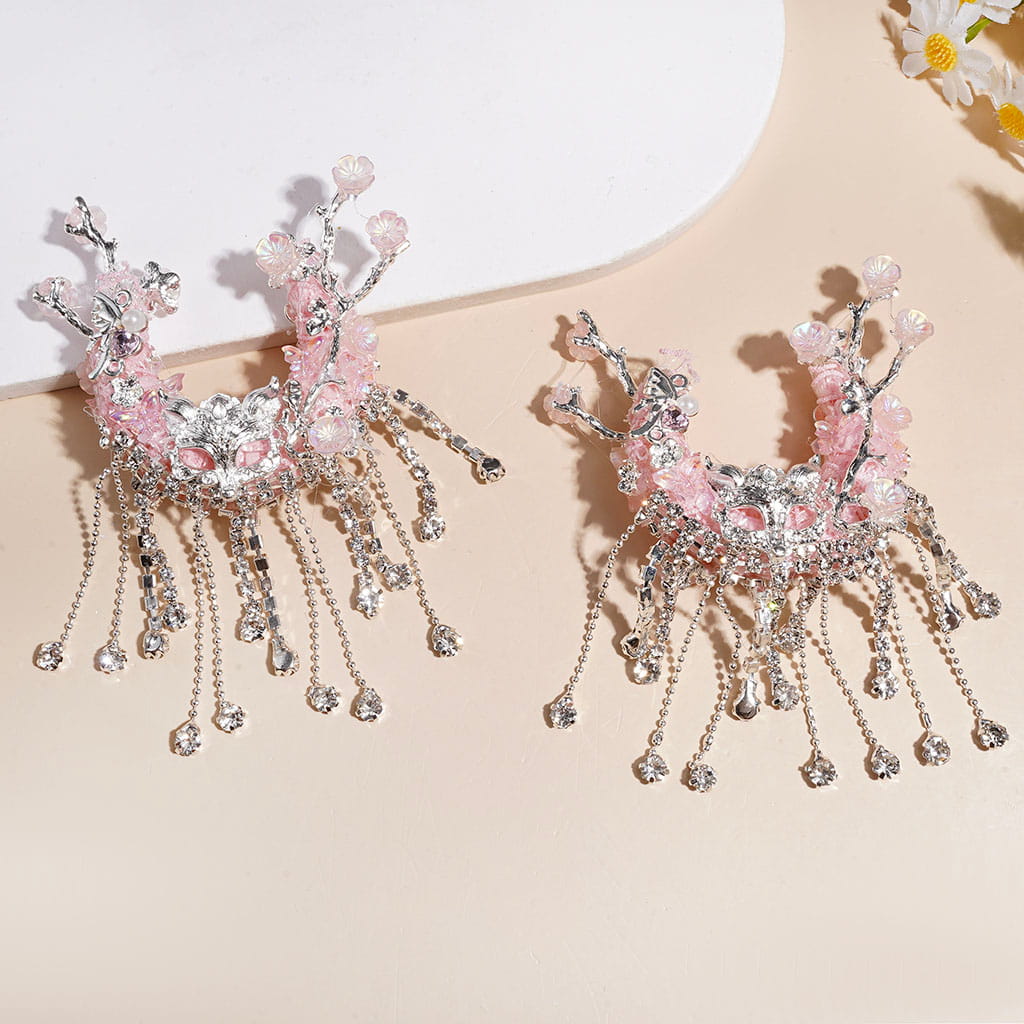 Pink Crescent Moon Fabric Acrylic Beads w Clear Rhinestone Tassel, Metal Fox Mask & Branch w UV-Coated Peach Flower Butterfly, Dragonfly w Heart Rhinestone and White Pearl