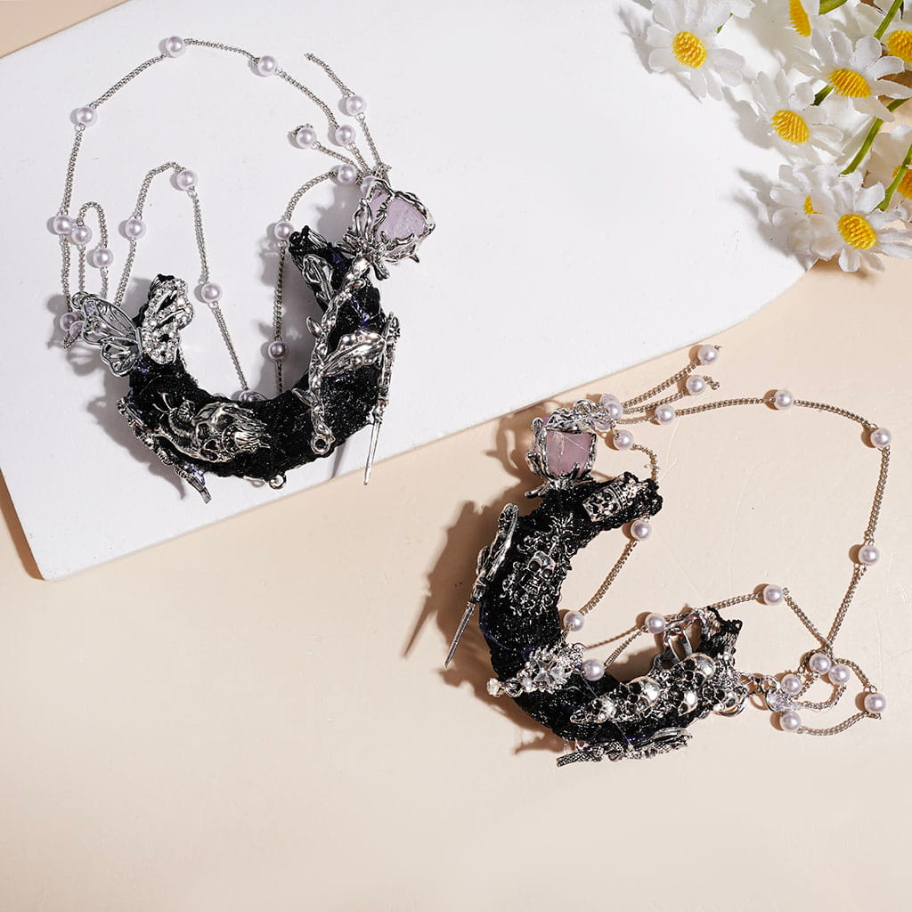 Gothic Black Crescent Moon Fabric Acrylic Beads, Metal Skull Star Flower Butterfly with Rhinestone, Silver Chain with White Pearl