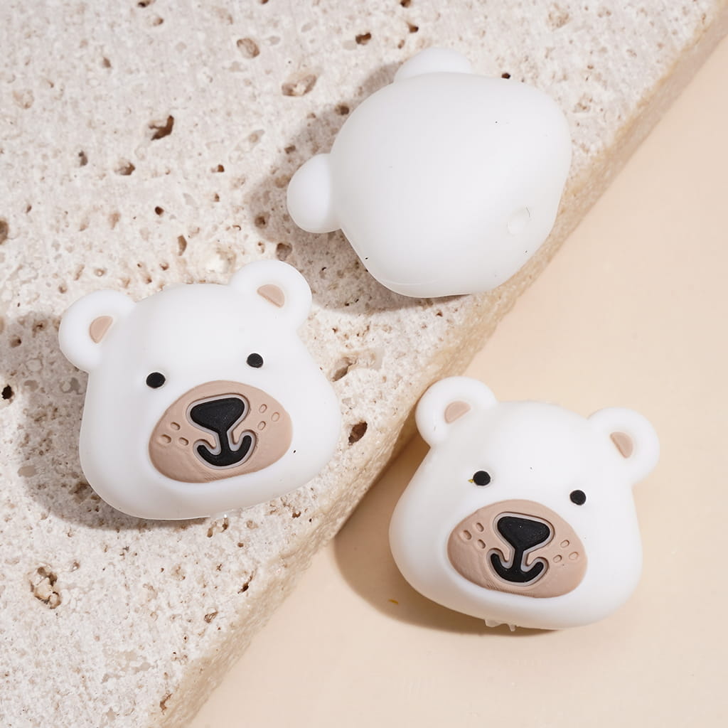Silicone Focal Beads 3D Smiling Bear Face Head in Various Colors