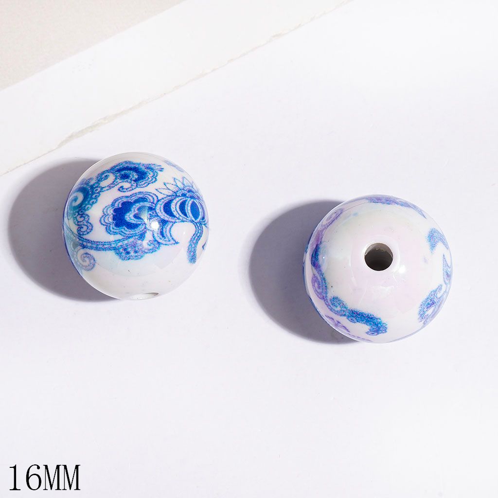 UV-Coated Acrylic Beads for Bracelets Chinese Traditional Blue and White Porcelain Style with Blue Lotus, 16MM