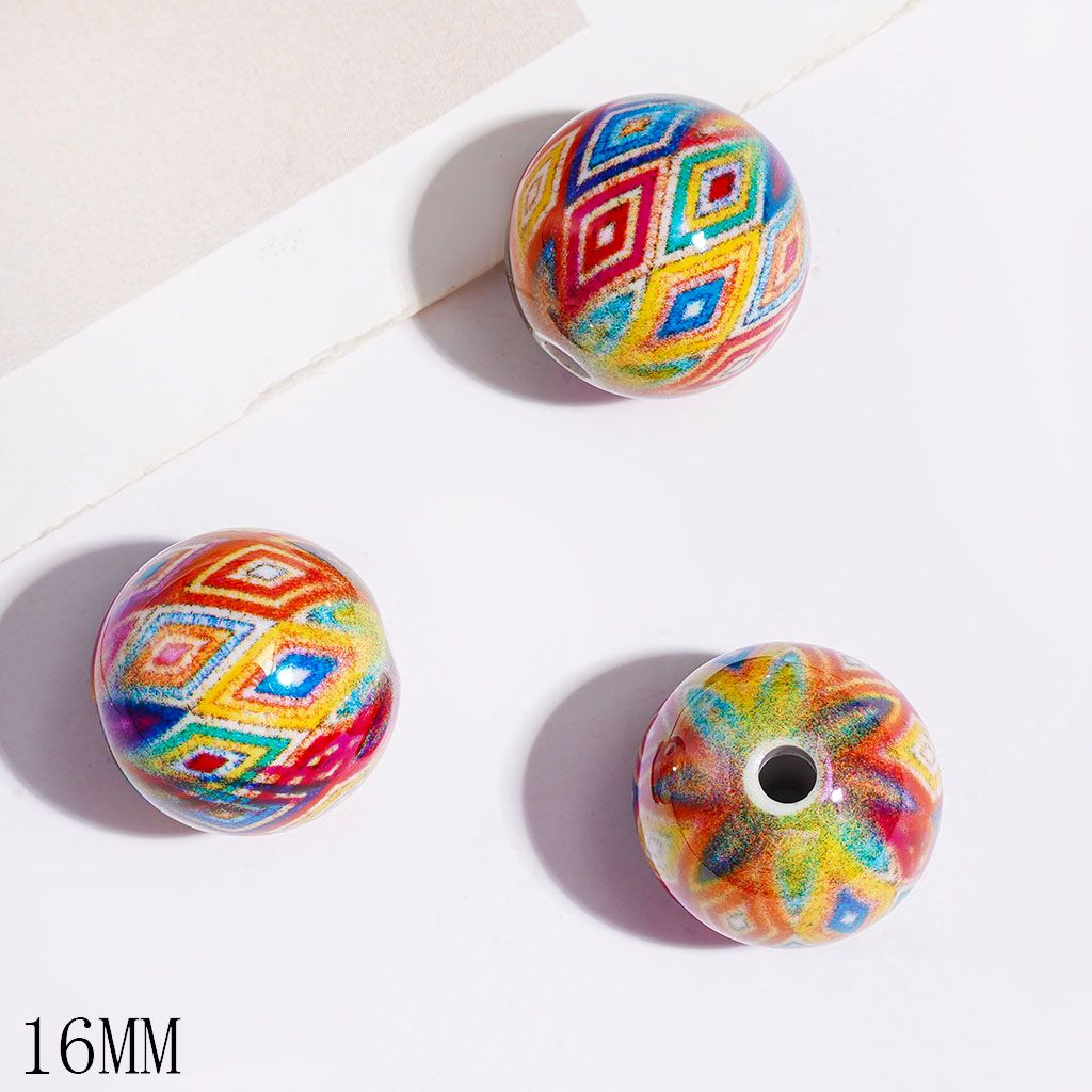 UV-Coated Acrylic Bead for Bracelets with Traditional Colorful Diamond Pattern, Ethnic Style, 16MM