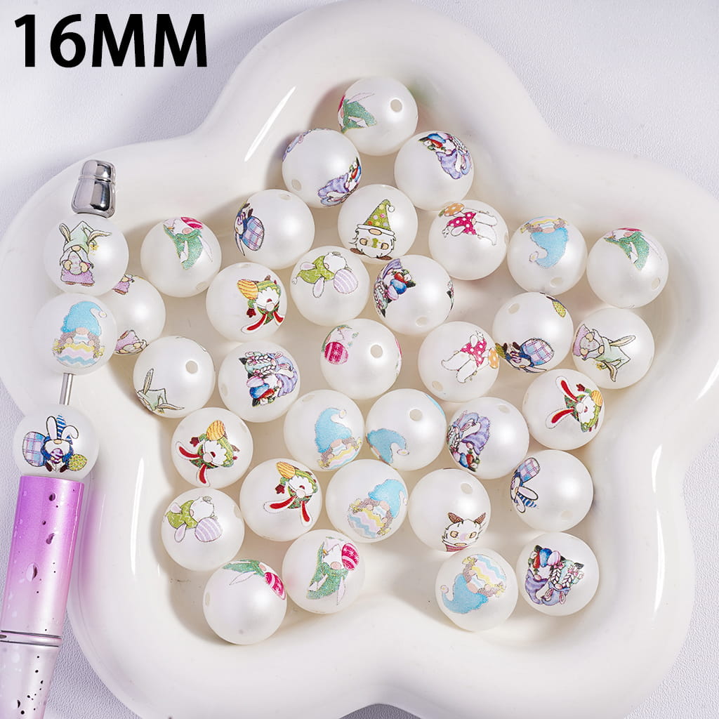 16MM white beads with colorful designs on a white heart-shaped tray.