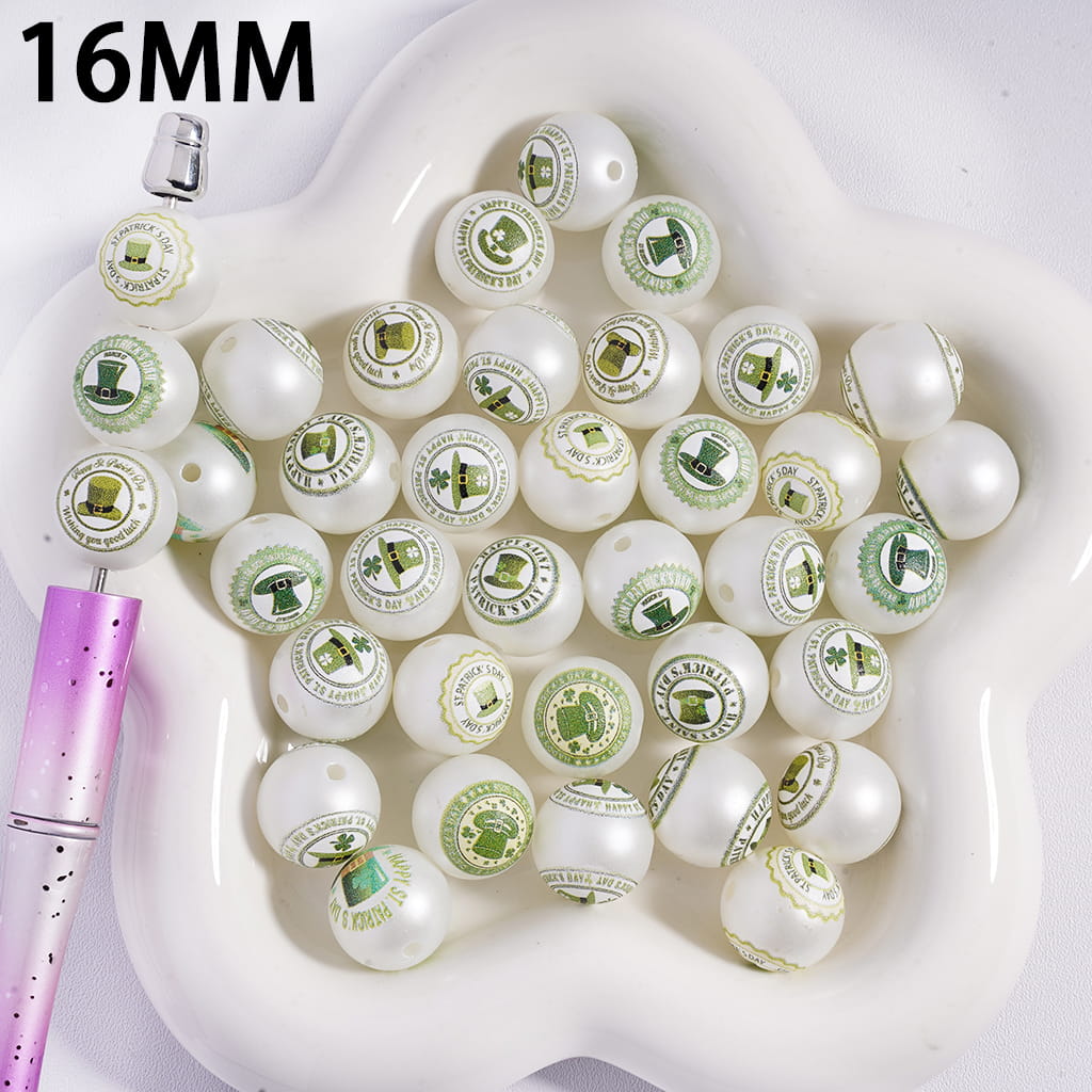 16MM white beads with green patterns on a white dish