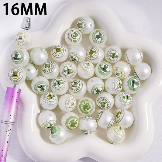 16MM white beads with green patterns on a white dish