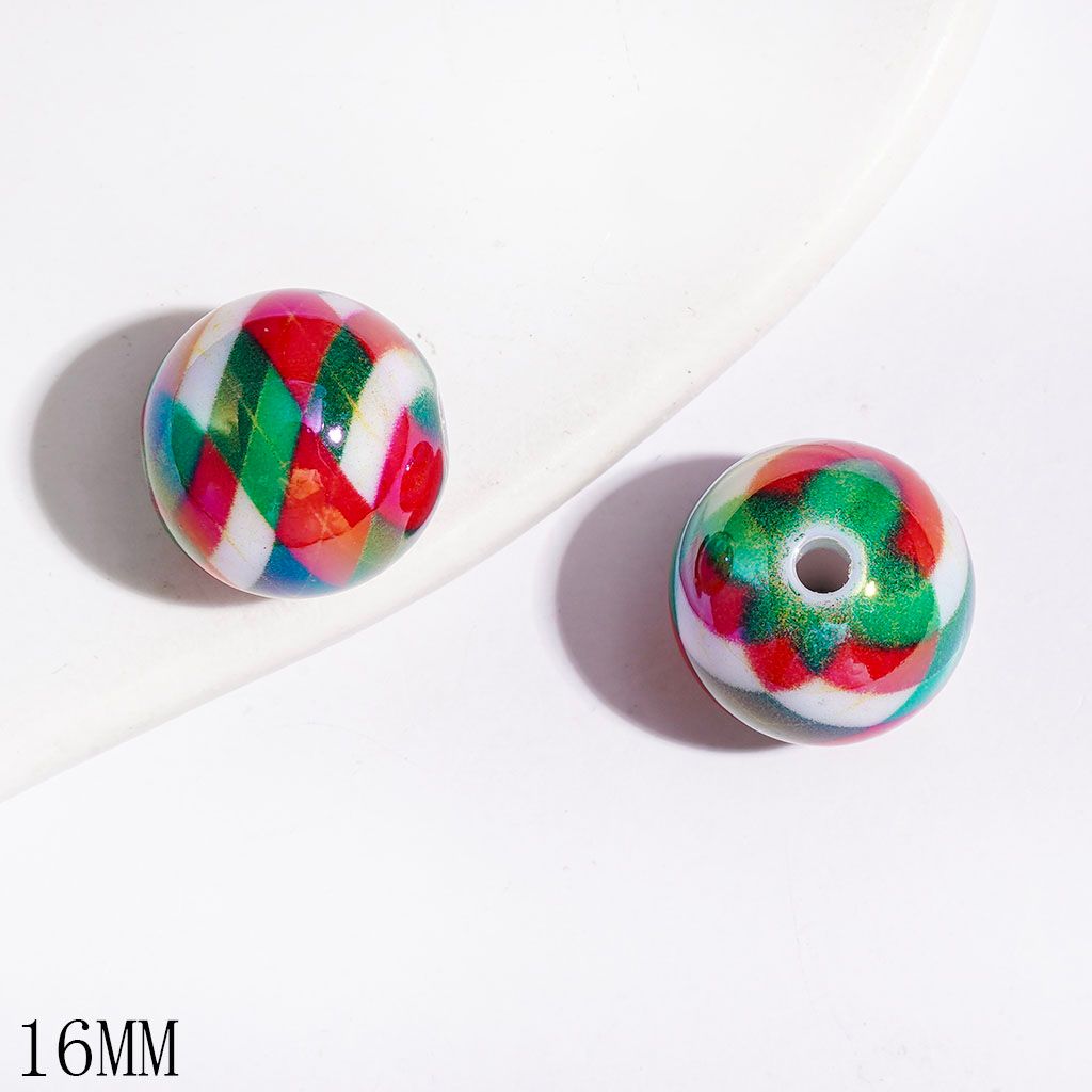 UV-Coated Acrylic Bead for Bracelets with Red Green White Checkered Pattern, Christmas Theme, 16MM