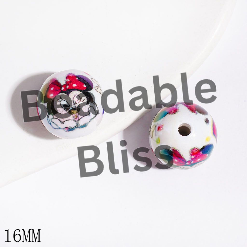 Classic Animal Character Mouse and Bowtie Print UV-Coated Acrylic Beads for Bracelets, 16MM