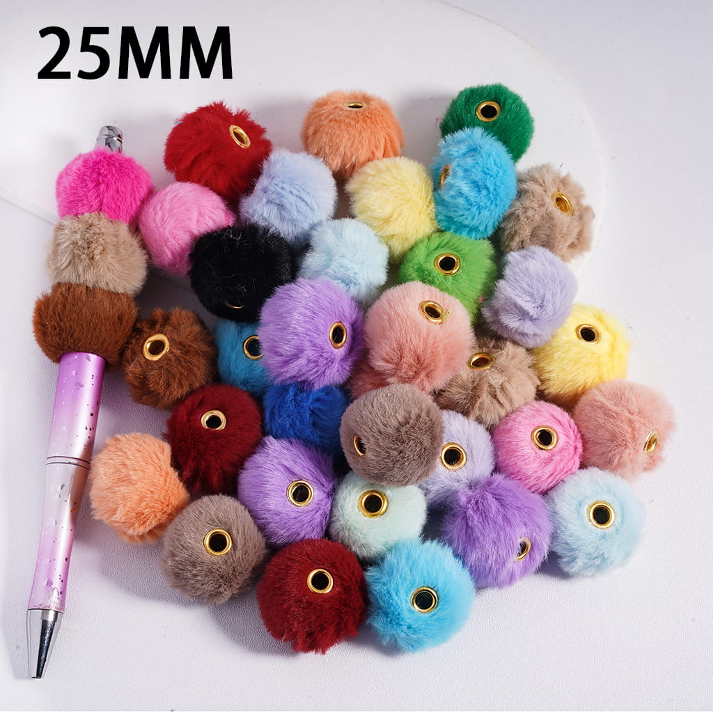 Assorted colorful pom-poms with a pen on a white background, labeled '25MM'.