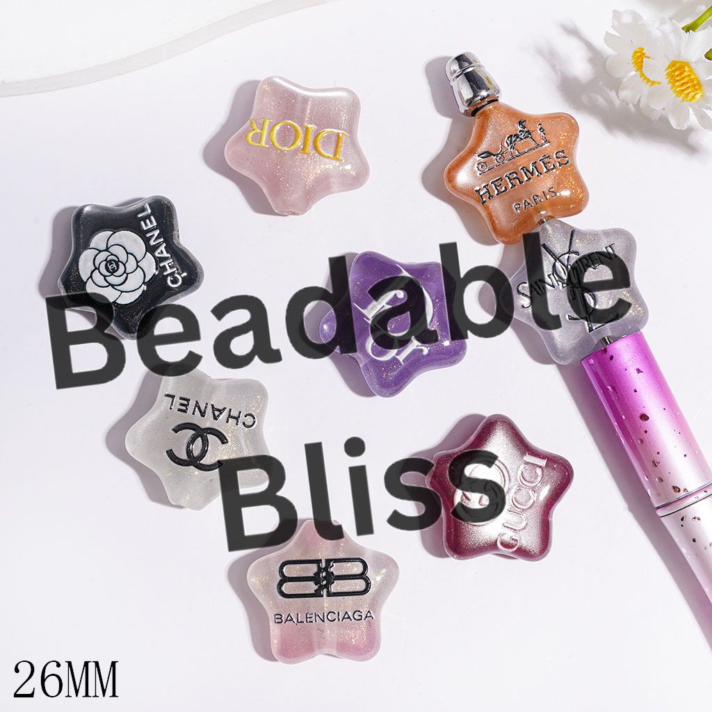 Acrylic Beads Five-Pointed Star with Glitter and Fashion Signs Print, 26MM Multi-Color Random Mix