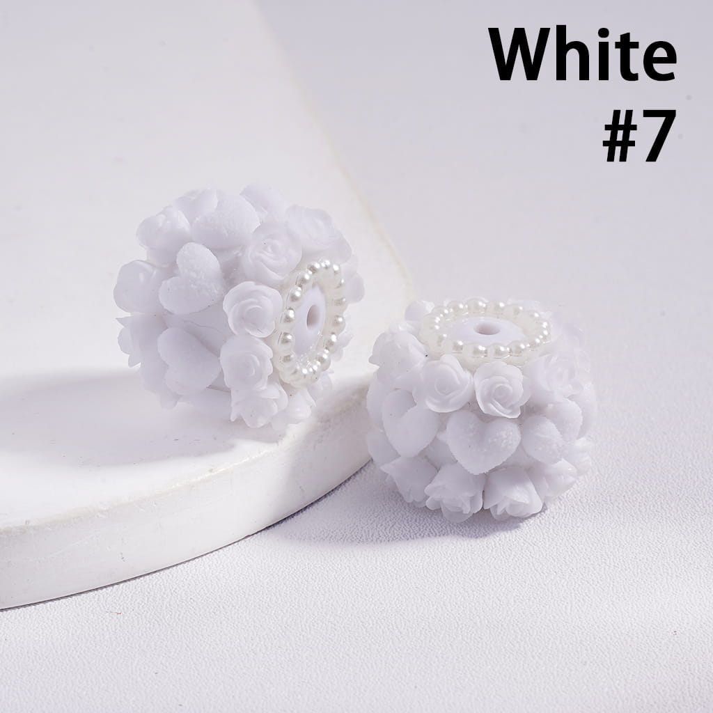 White floral earrings on a white background with color swatch labeled 'White #7'.