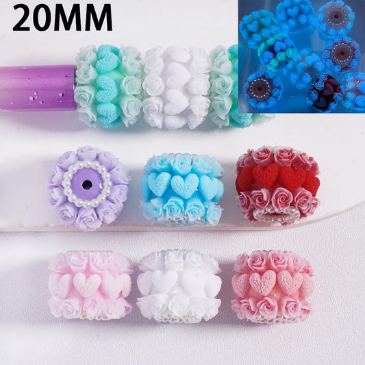 Acrylic Beads Luminous with Rose Flowers and Frosted Hearts Valentine's Day, White Pearl Chains, 20MM, Multi-Color