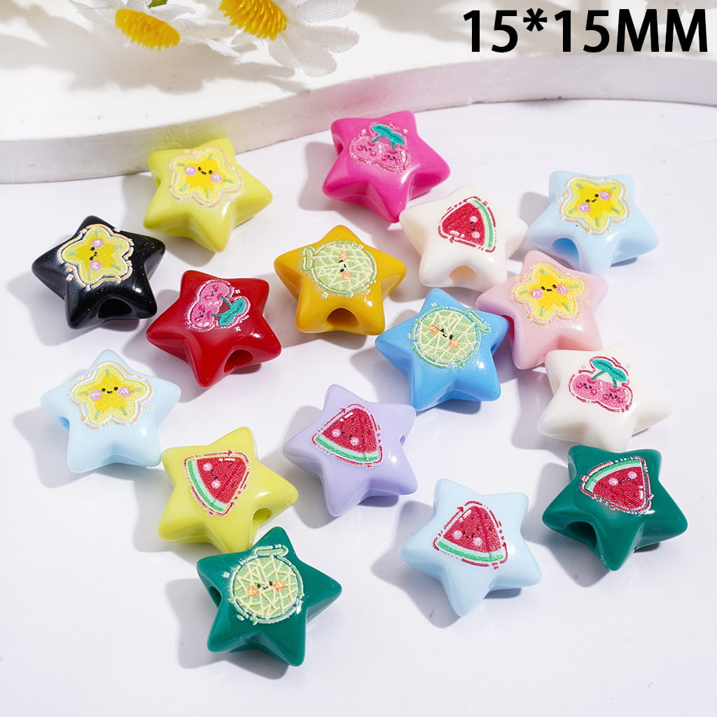 Acrylic Beads Star Shape with Cute Fruit & Smiley Face Prints, 15*15MM, Random Mix