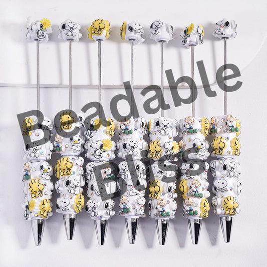 Beadable Clay Pens with Beagle Dog and Boy Character in Yellow-White Series, AB Rhinestone