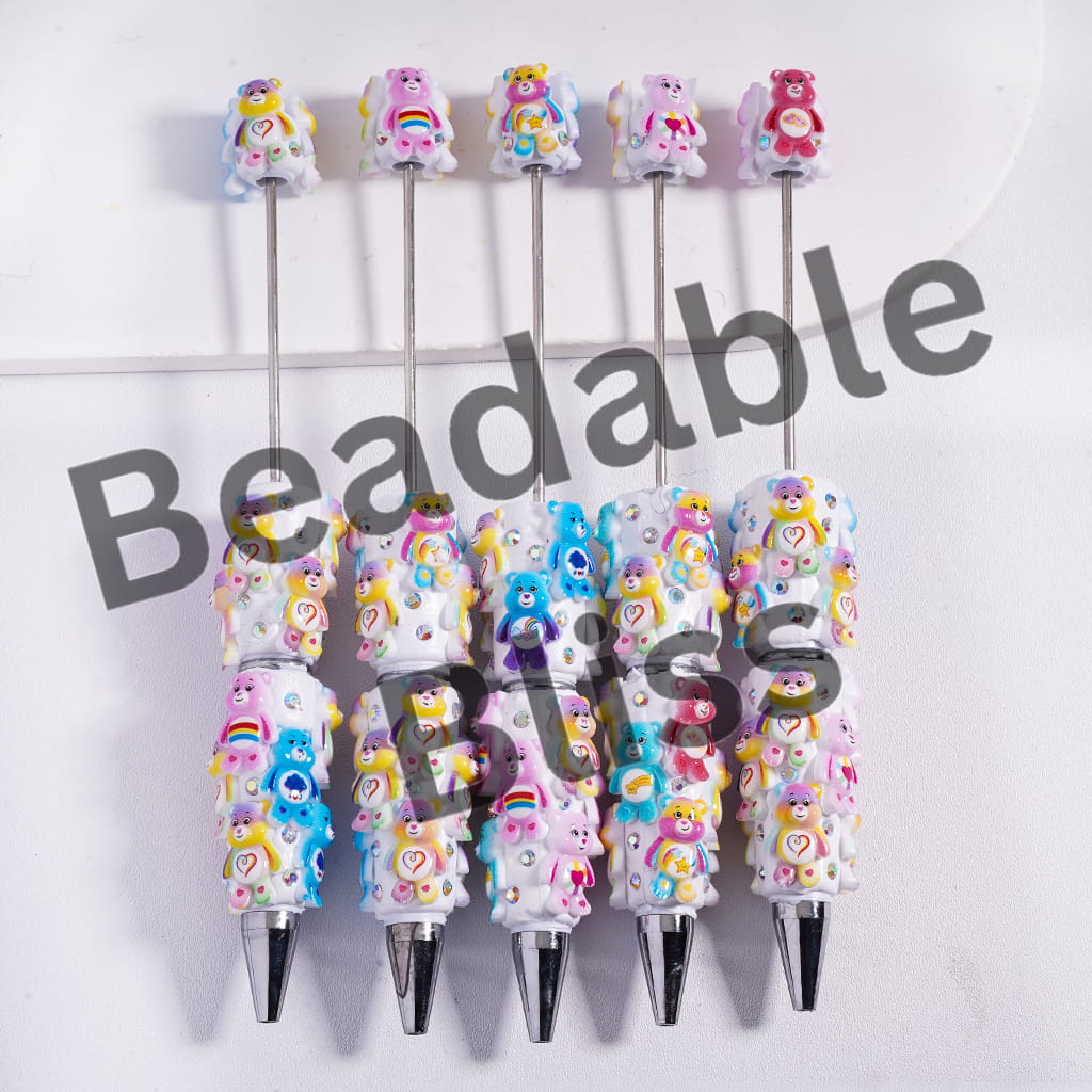 Beadable Clay Pens with Rainbow Bear Series and AB Rhinestone, White Pearl, Random Mix