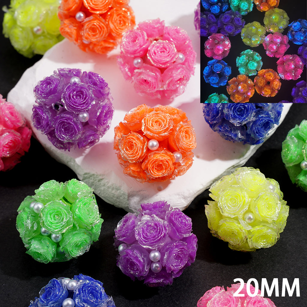 Clay Beads with Luminous Silver Edged Rose Flowers and White Pearls, Fluorescent Colors, Random Mix