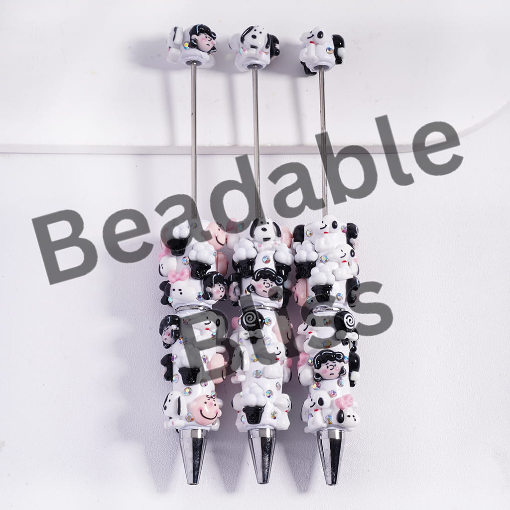 Beadable Clay Pens with Beagle Dog and Boy Girl Character Lollipop in Black-Pink Series, AB Rhinestone and White Pearl