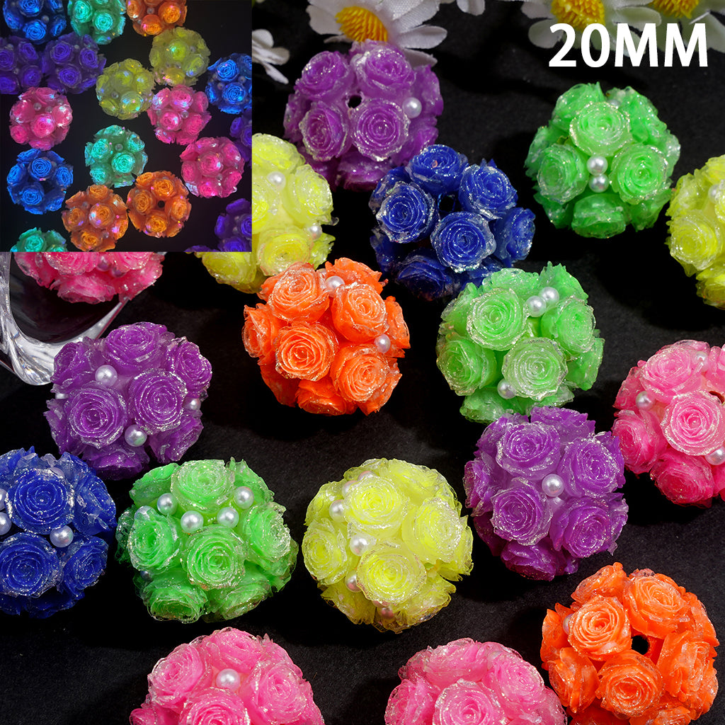 Clay Beads with Luminous Silver Edged Rose Flowers and White Pearls, Fluorescent Colors, Random Mix