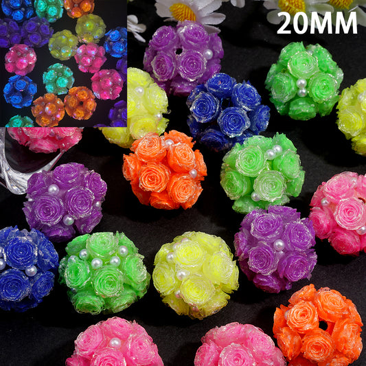 Clay Beads with Luminous Silver Edged Rose Flowers and White Pearls, Fluorescent Colors, Random Mix