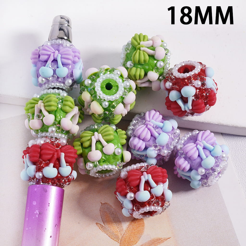 Colorful beads with a 18MM measurement on a white background