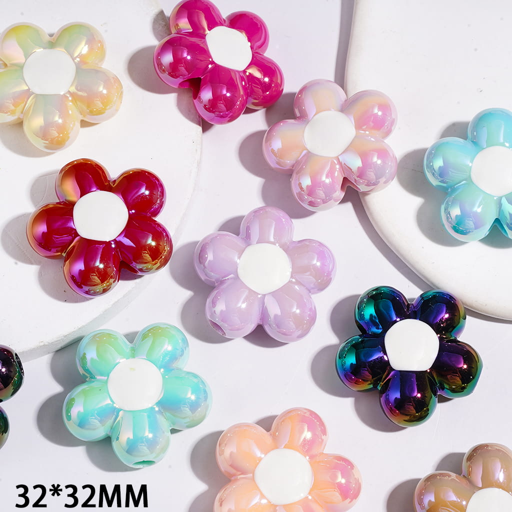 UV Coating Five-Petaled Flower Acrylic Beads, 32*32MM, Big Hole Beads, Assorted Colors, Random Mix (The Bead Hole Diameter is Around 5MM)